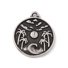 Honeyhandy 304 Stainless Steel Pendants, Flat Round with Beach, Antique Silver, 22x19x2mm, Hole: 1.6mm