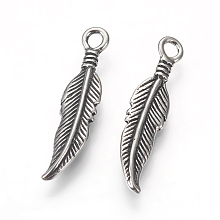 Honeyhandy 304 Stainless Steel Pendants, Feather, Antique Silver, 25.5x6x2.5mm, Hole: 2mm