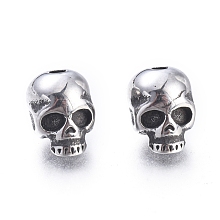 Honeyhandy Halloween 304 Stainless Steel Beads, Skull Head, Antique Silver, 9x6x7mm, Hole: 1.5mm