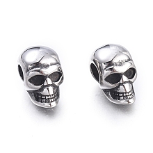 Honeyhandy Halloween 304 Stainless Steel European Beads, Large Hole Beads, Skull Head, Antique Silver, 16x9.5x13mm, Hole: 5mm