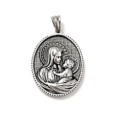 Honeyhandy Tibetan Style 304 Stainless Steel Pendants, Religion, Oval with Virgin Pattern Charms, Antique Silver, 35.5x26x5mm, Hole: 5x7mm