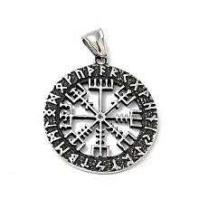 Honeyhandy 304 Stainless Steel Manual Polishing Pendants, Flat Round with Vegvisir Charms, Antique Silver, 40x36x2.5mm, Hole: 4x7.5mm