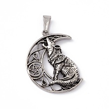 Honeyhandy 304 Stainless Steel Pendants, Moon with Wolf Charms, Antique Silver, 49x38x6mm, Hole: 5.5x10mm