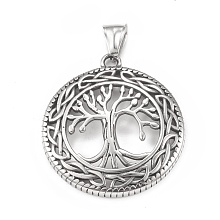 Honeyhandy 304 Stainless Steel Pendants, Flat Round with Tree of Life Pattern, Antique Silver, 41x37x3mm, Hole: 4x8mm