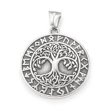 Honeyhandy 304 Stainless Steel Pendants, Flat Round with Tree of Life & Rune Pattern, Antique Silver, 39x35x5mm, Hole: 4x7mm