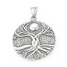 Honeyhandy 304 Stainless Steel Pendants, Flat Round with Tree of Life Pattern, Antique Silver, 42.5x37.5x3mm, Hole: 4x9mm