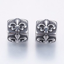 Honeyhandy 304 Stainless Steel Beads, Cube with Fleur De Lis, Antique Silver, 7.5x7x7.5mm, Hole: 3.5mm