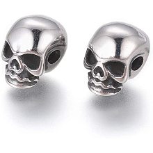 UNICRAFTALE 2pcs Skeleton Heads Beads Stainless Steel Beads Antique Silver Spacers Beads for Bracelet Necklace Jewelry Making 11x8x10mm, Hole 2.5mm