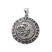 Honeyhandy 304 Stainless Steel Pendants, Flat Round with Viking Rune & Triple Horn, Antique Silver, 43.5x38.5x4mm, Hole: 4x8.5mm