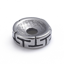 Honeyhandy Retro 304 Stainless Steel Spacer Beads, Flat Round with T Pattern, Antique Silver, 8x2.8mm, Hole: 2.2mm