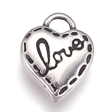 Honeyhandy 304 Stainless Steel Pendants, Heart with Word Love, For Valentine's Day, Antique Silver, 13x11x3.5mm, Hole: 3x2mm