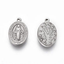 Honeyhandy 304 Stainless Steel Religon Charms, Oval with Virgin Mary, Stainless Steel Color, 13x8.5x1.6~1.8mm, Hole: 0.8mm