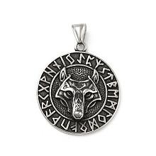 Honeyhandy 304 Stainless Steel Norse Valknut Rune Pendant, Flat Round with Wolf, Antique Silver, 42.5x37x6.5mm, Hole: 7x4mm