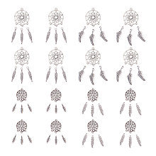 PandaHall Elite 40 Pieces Tibetan Style Dreamcatcher Pendant Charms 80 Pieces Feather Pendants, Antique Silver