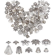 SUNNYCLUE 1 Box 100Pcs 10 Styles Tibetan Flower Beads Caps Silver Alloy Bead Cap Alloy Spacers Bead Cap for DIY Accessories Earring Bracelet Necklace findings Crafts Supplies, Antique Silver