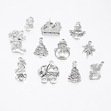 Arricraft Christmas Mixed Style Tibetan Style Alloy Pendants, Antique Silver, 19~30x13~22x1.5~4mm, Hole: 2mm, about 40pcs/100g