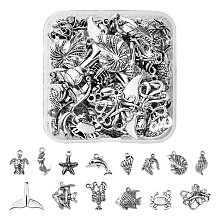 Honeyhandy 60Pcs 14 Style Tibetan Style Alloy Pendants, Starfish & Spiral Shell & Sea Turtle & Crab & Crocodile & Tropical Fish & Mermaid & Conch Shell & Octopus & Whelk & Whale Tail Shaped & Dolphin & Lobster, Antique Silver, 60pcs/box