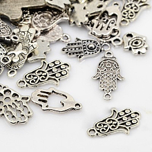 Tibetan Style Alloy Pendants, Hamsa Hand/Hand of Fatima/Hand of Miriam, Antique Silver, 18~57x8.5~35x2~5mm, Hole: 2~4mm