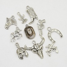 PandaHall Elite 2sets Antique Silver Western Charms Tibetan Style Alloy Pendants, Ox-Head, Map with Cyprus, Boot, Revolver Pistol, Unicorn, Double Gun, Horse Head, Cacti, Hat, Cowboy Hat, 16~27x11~29x1~5mm, Hole: 1~3mm,  10pcs/set