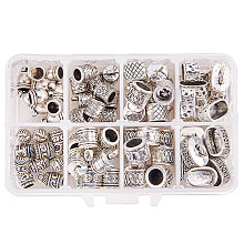 PandaHall Elite About 80 Pcs Tibetan Style Silver Alloy Leather Cord End Cap Bead Tube Barrel Loop Clasp 8 Styles for Jewelry Making