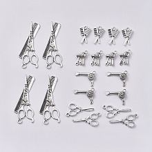 Honeyhandy Haircut Theme, Tibetan Style Zinc Alloy Pendants, Comb, Blow Drier, Scissor, Hairdrier & Scissor, Comb & Scissor with Word Stylist, Antique Silver, 20pcs/set