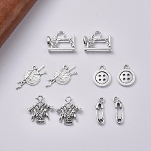 Honeyhandy Sewing Theme, Tibetan Style Zinc Alloy Pendants, Sweater, Yarn, Sewing Machine, 4-Hole Button, Safety-pin, Antique Silver, 4pcs/shape, 20pcs/set