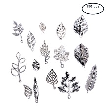 Honeyhandy Tibetan Style Alloy Pendants, Leaf Theme, Antique Silver, 16~38x7~28x1~4cm, Hole: 1~2mm, 150pcs/box