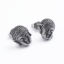 Honeyhandy Retro 304 Stainless Steel Stud Earrings, with Ear Nuts, Buddha Head, Antique Silver, 11x9.5mm, Pin: 0.7mm