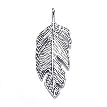 Honeyhandy Tibetan Style Alloy Leaf Big Pendants, Lead Free and Cadmium Free, Leaf, Antique Silver, 62x23x2mm, hole: 2mm