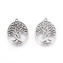 Honeyhandy Tibetan Style Zinc Alloy Pendants, Oval with Tree of Life, Antique Silver, 31.5x23.5x1.5mm, Hole: 1.5mm