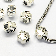 Honeyhandy Alloy European Beads, Enamel Settings, Large Hole Beads, Dog Paw Prints, Antique Silver, 11.5x10.5x7.5mm, Hole: 5mm