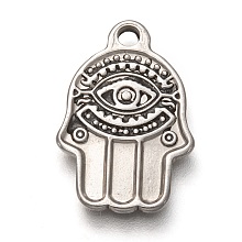 Honeyhandy 304 Stainless Steel Pendants, Hamsa Hand/Hand of Fatima /Hand of Miriam with Evil Eye, Antique Silver, 19.5x13.5x1.5mm, Hole: 1.8mm