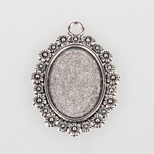 Honeyhandy Vintage Tibetan Style Alloy Flower Pendant Cabochon Bezel Settings, Cadmium Free & Lead Free, Antique Silver, Oval Tray: 18x25mm, 40x30x2mm, Hole: 3.5mm