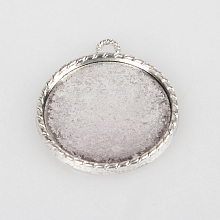 Honeyhandy Vintage Tibetan Style Alloy Pendant Cabochon Settings, Cadmium Free & Lead Free, Plain Edge Bezel Cups, Antique Silver, Flat Round Tray: 30mm, 38x34x3mm, Hole: 3mm