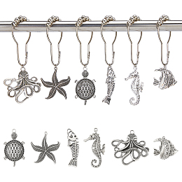 SUPERFINDINGS 12Pcs 6 Styles Ocean Theme Shower Curtain Rings Iron Shower Curtain Hooks Rings with Alloy Animal Pendants Starfish Fishbone Octopus Metal Shower Rings Hooks for Bathroom