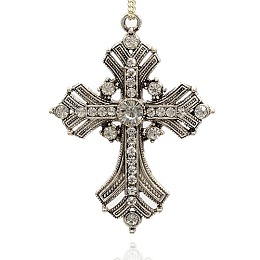 Honeyhandy Alloy Latin Cross Clenched Large Gothic Pendants, with Rhinestone, Antique Silver, Crystal, 74x54x8mm, Hole: 3mm