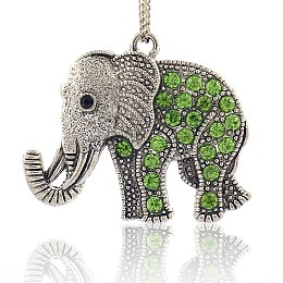 Honeyhandy Tibetan Style Alloy Rhinestone Big Pendants, Cadmium Free & Lead Free, Elephant, Antique Silver, Peridot, 43x51x5.5mm, Hole: 3.5mm