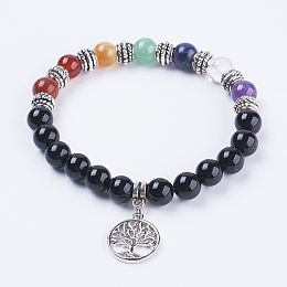 Honeyhandy Natural Black Agate Stretch Bracelets, with Mixed Stone, Alloy Findings and Brass Pendants, Flat Round with Tree of Life, Antique Silver, 2-1/8 inch(54mm)