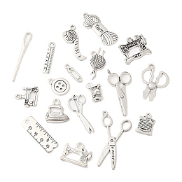 Honeyhandy Tibetan Style Alloy Pendants, Sewing Tools, Antique Silver, 13.5~38x4.5~22x1~7mm, Hole: 1.6~7mm, 18 styles, 1pc/style, 18pcs/set