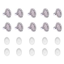 Arricraft 10 Sets Antique Silver 13x18mm Oval Transparent Glass Cabochons and Iron Flower Finger Ring Components Alloy Cabochon Bezel Settings for Ring Making