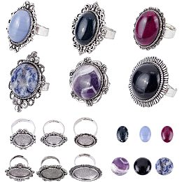 SUNNYCLUE 12pcs 6 Styles Antique Silver Ring Settings Adjustable Blank Hollow Flower Oval Round with Colorful Gemstone Cabochons Ring Making Kit for DIY Jewelry Making Crafts Supplies