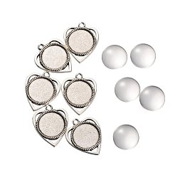 ARRICRAFT 5 Sets 18x4mm Transparent Clear Glass Cabochons and 30.5x25mm Antique Silver Alloy Heart Pendant Cabochon Settings for Jewelry Making