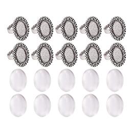 ARRICRAFT 10 Sets Antique Silver 13x18mm Oval Transparent Glass Cabochons Iron Flower Finger Ring Components Alloy Cabochon Bezel Settings Ring Making