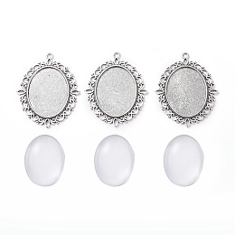 Honeyhandy DIY Pendant Making, with Tibetan Style Alloy Pendant Cabochon Settings and Transparent Oval Glass Cabochons, Antique Silver, Cabochons: 40x30x7~9mm, Settings: 61x47x2mm, Hole: 3mm, 2pcs/set