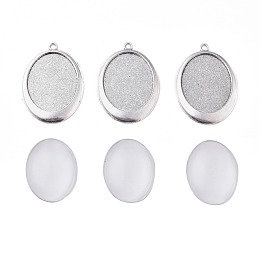 Honeyhandy DIY Pendant Making, with Tibetan Style Alloy Pendant Cabochon Settings and Transparent Glass Cabochons, Oval, Antique Silver, Cabochons: 40x30x7~9mm, Settings: 55x38x3mm, Hole: 3mm, 2pcs/set