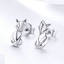 Honeyhandy 925 Sterling Silver Stud Earrings, with 925 Stamp, Fox, Antique Silver, 13x7mm