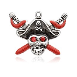 Honeyhandy Pirate Style Skull Antique Silver Plated Alloy Enamel Rhinestone Pendants, FireBrick, 34x45x6mm, Hole: 2.5mm