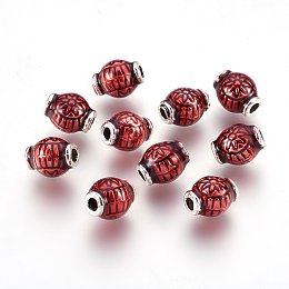 Honeyhandy Antique Silver Plated Alloy Enamel Beads, Lantern, Red, 9x7mm, Hole: 2mm