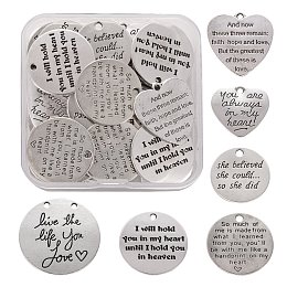 Arricraft 36Pcs 6 Style Tibetan Style Carved Words Alloy Pendants, Quote Pendants, Heart & Flat Round, Antique Silver, 20.3~30x21.4~24x1~3mm, Hole: 1.5~2mm, 6pcs/style