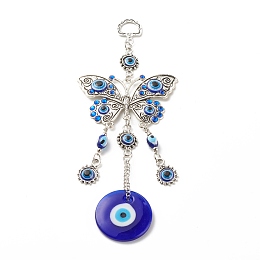 Honeyhandy Alloy & Glass Turkish Blue Evil Eye Pendant Decoration, with Butterfly Charm, for Home Wall Hanging Amulet Ornament, Antique Silver, 195mm, Hole: 13.5x10mm